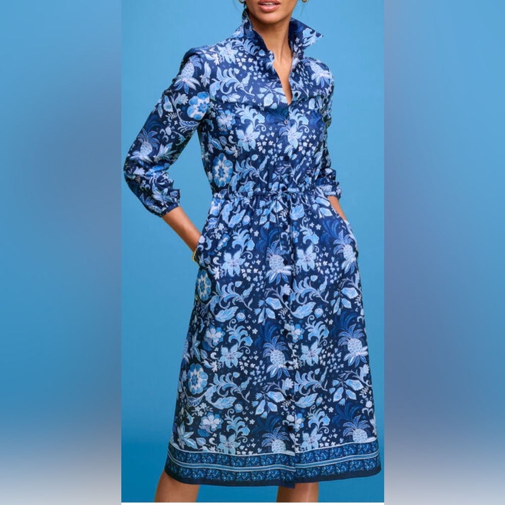 TALBOTS Blue Floral Button-Front Midi Dress, elastic covered waist w/ tie 🇺🇸